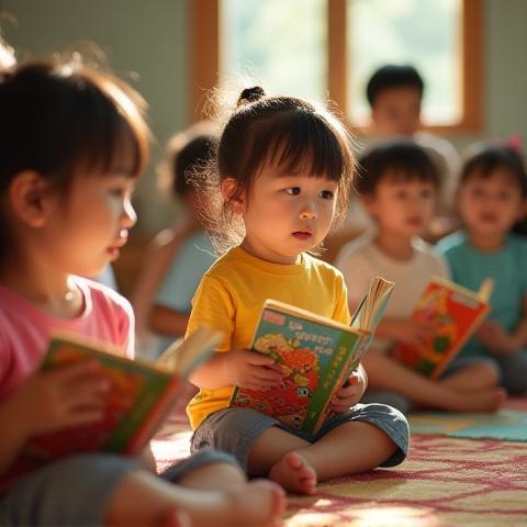 子供たちが絵本を囲んで楽しそうに聞いている様子