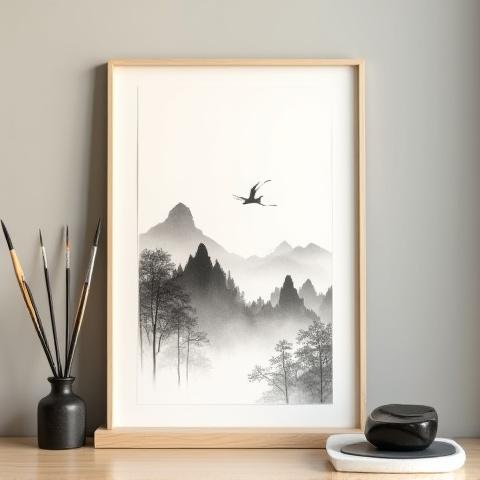 墨と水彩で描かれた日本の風景画のクローズアップ