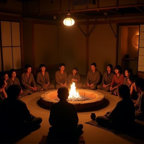 日本の伝統的な囲炉裏を囲んで、語り部が物語を話している様子