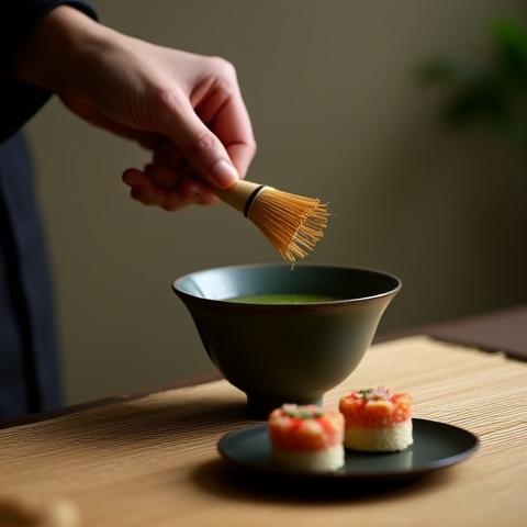 静かな茶室で抹茶を点てる様子。