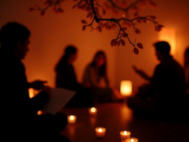 桜の枝が飾られた落ち着いた空間で俳句を朗読する人々のシルエット